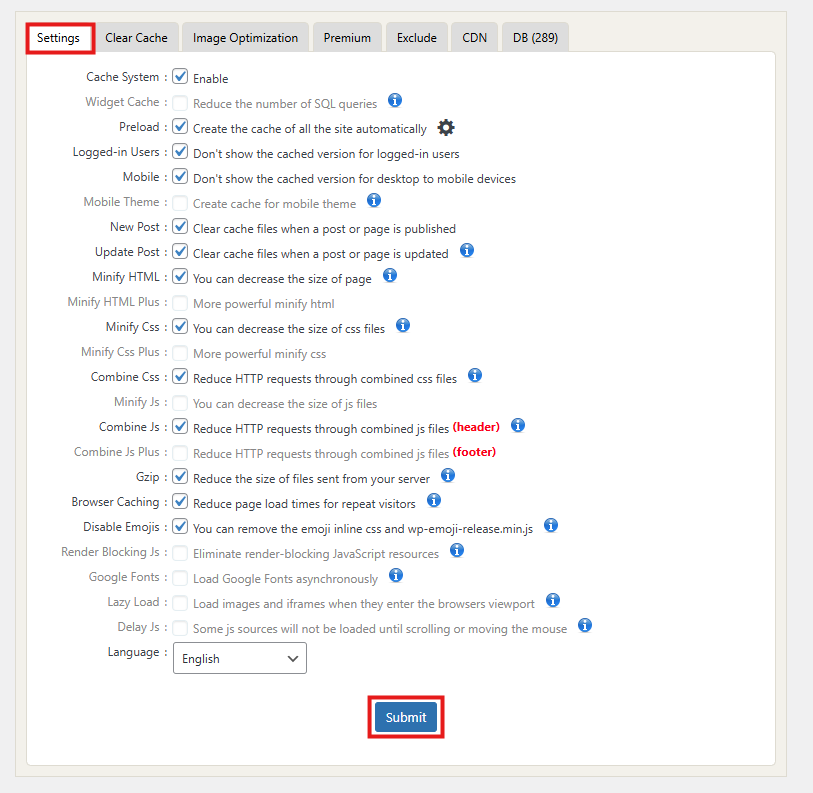 Enable optimization options - Fastest WP Cache