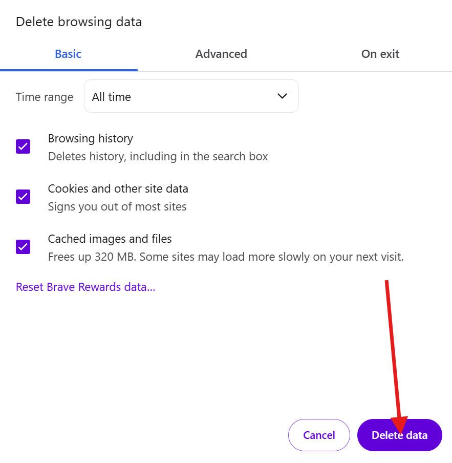 Clear browsing data for Brave