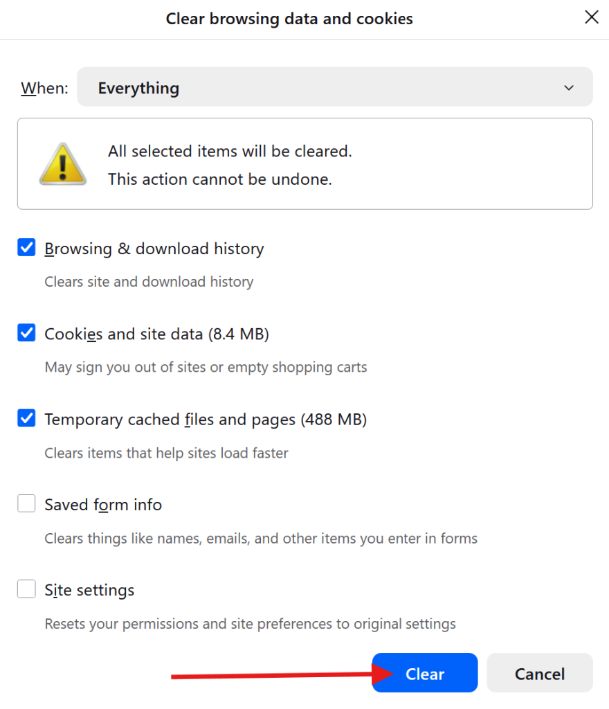 Clear browsing data for Mozilla Firefox