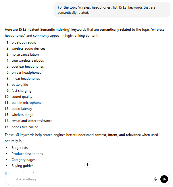 For the topic ‘wireless headphones’, list 15 LSI keywords that are semantically related.