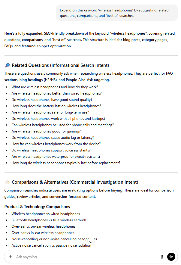 Expand on the keyword ‘wireless headphones’ by suggesting related questions, comparisons, and ‘best of’ searches.