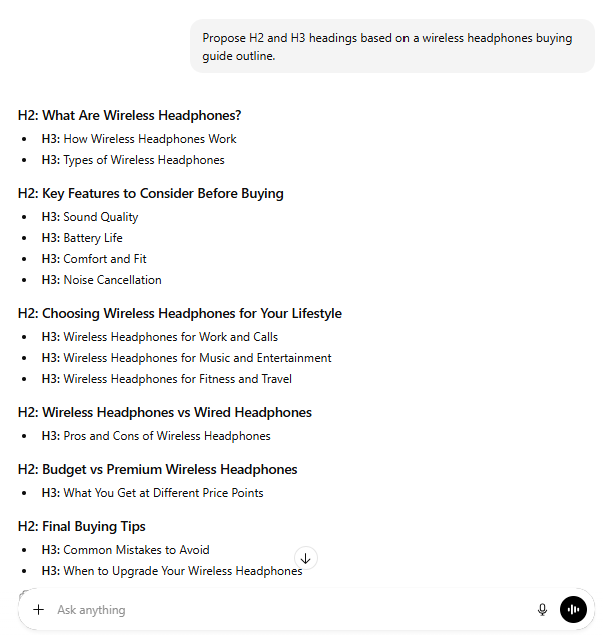 Propose H2 and H3 headings based on a wireless headphones buying guide outline.