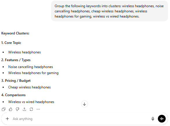 Group the following keywords into clusters: wireless headphones, noise cancelling headphones, cheap wireless headphones, wireless headphones for gaming, wireless vs wired headphones.