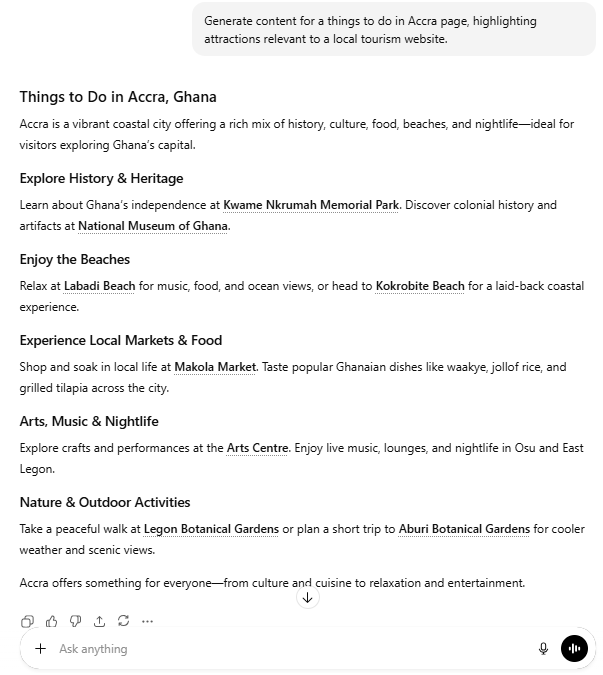 Generate content for a things to do in Accra page, highlighting attractions relevant to a local tourism website.