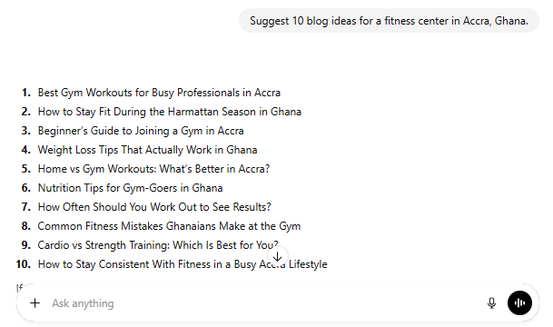 Suggest 10 blog ideas for a fitness center in Accra, Ghana.