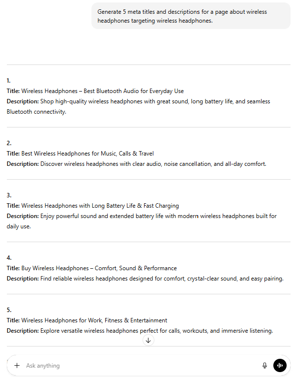 Generate 5 meta titles and descriptions for a page about wireless headphones targeting wireless headphones.