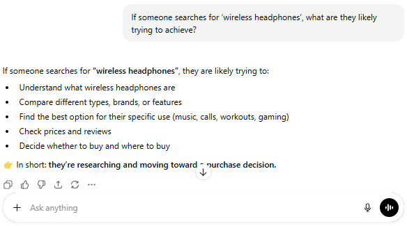 If someone searches for ‘wireless headphones’, what are they likely trying to achieve?