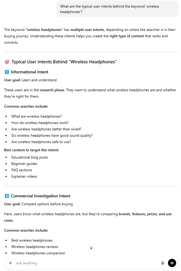 What are the typical user intents behind the keyword ‘wireless headphones’?