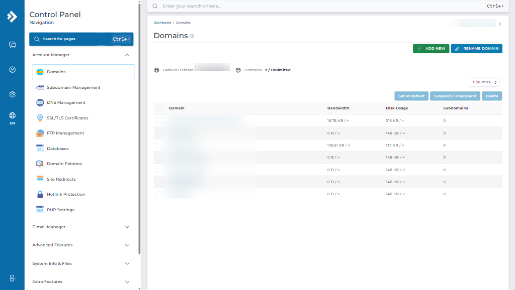 DirectAdmin Domains Overview - Add New Domain