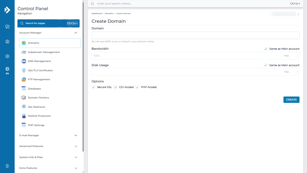 DirectAdmin Create Domain Form Options