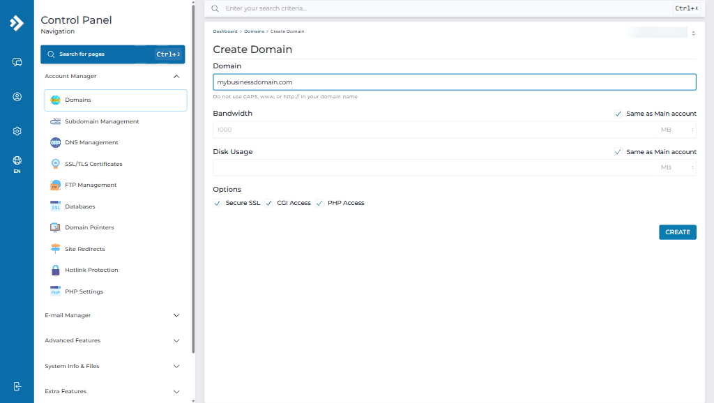 DirectAdmin Create Domain Example Configuration
