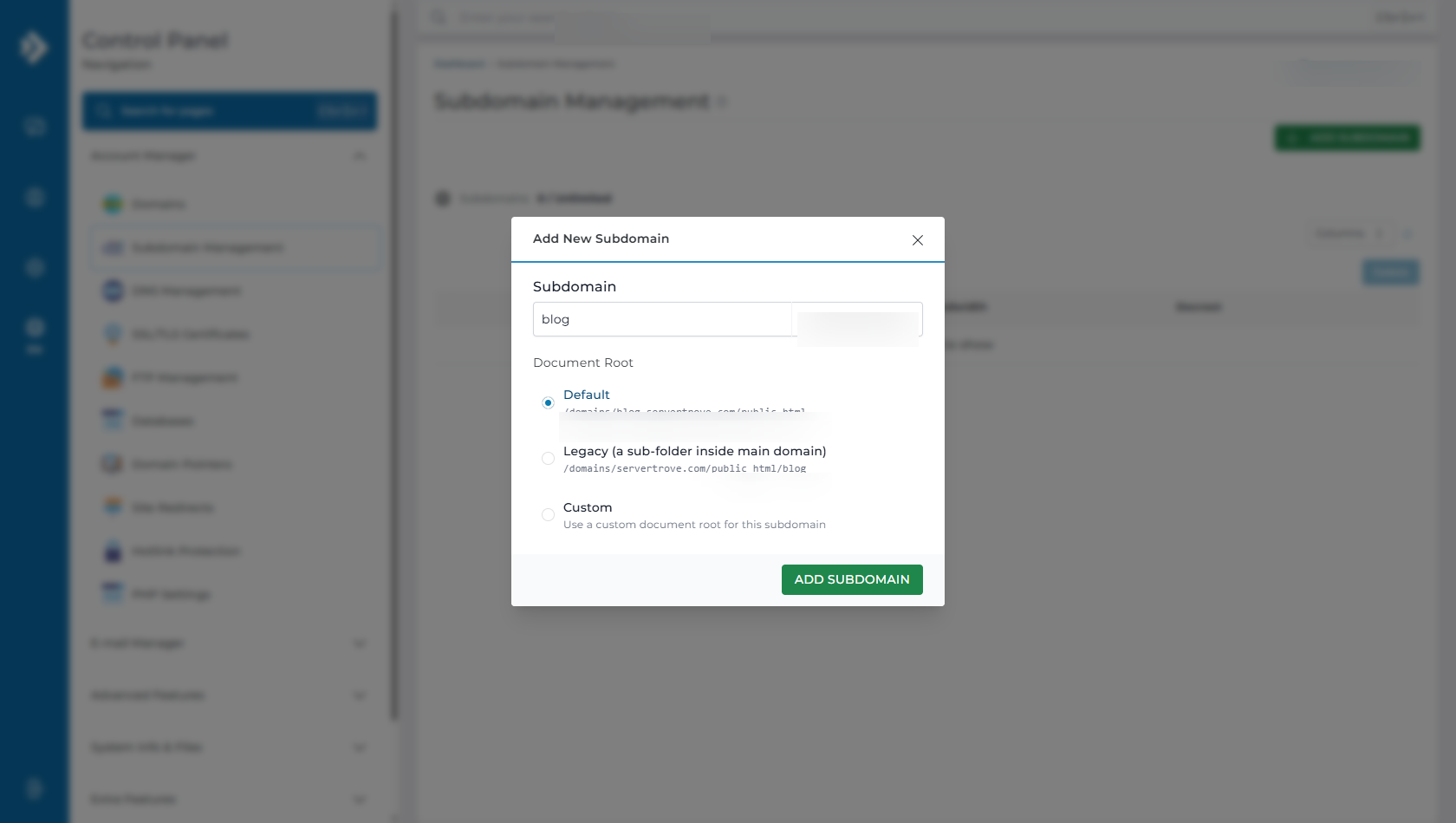 DirectAdmin Add New Subdomain Modal Configuration