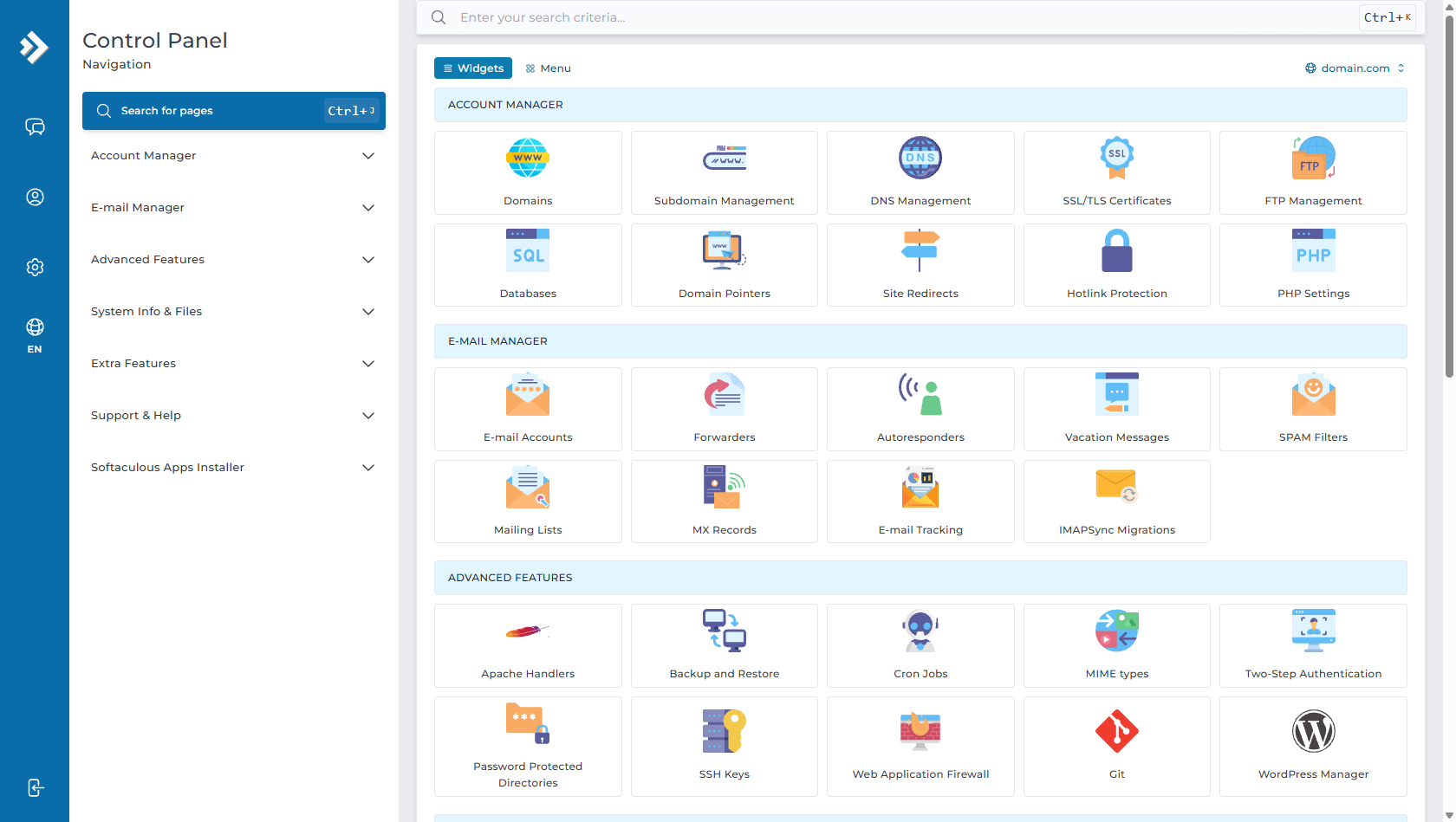 DirectAdmin Dashboard - System Info and Files File Manager