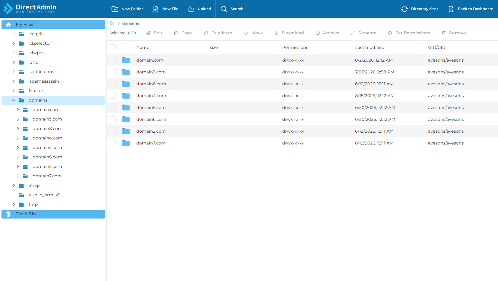 DirectAdmin File Manager - Domains Directory and Repository Files