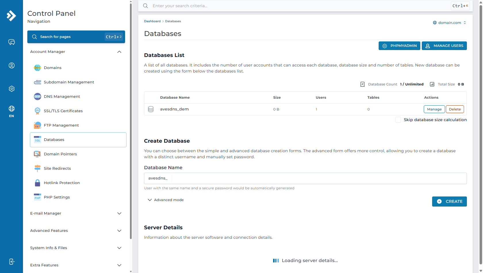 DirectAdmin Databases - Create MySQL Database and User