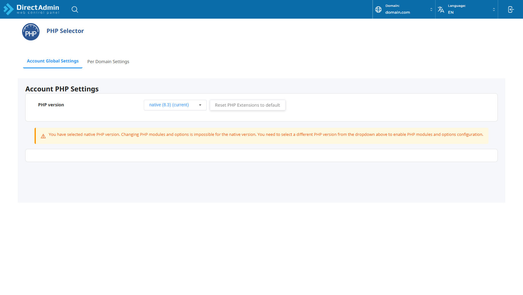 DirectAdmin CloudLinux PHP Selector - Select PHP Version