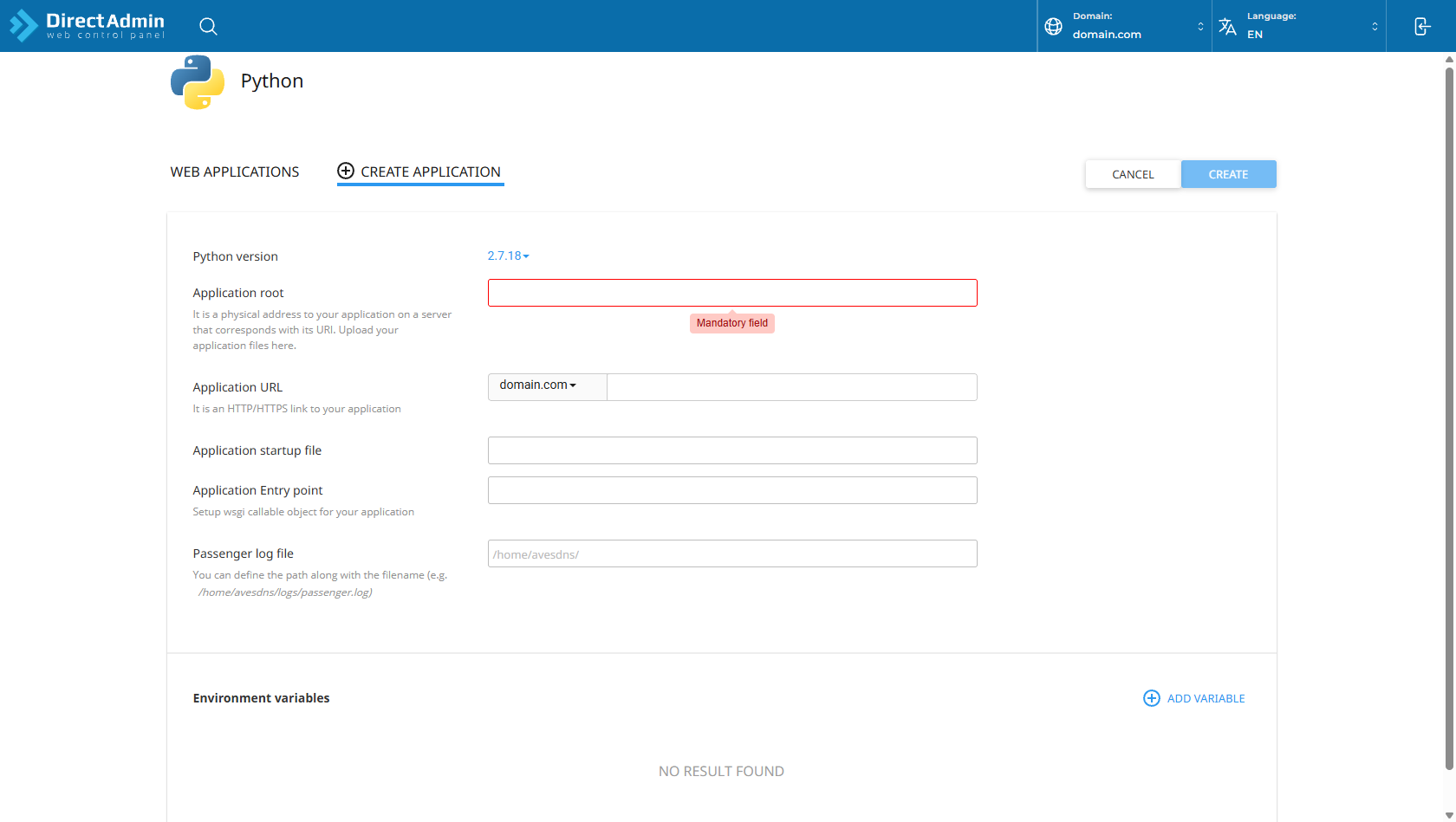 DirectAdmin Setup Python App - Create Application Form