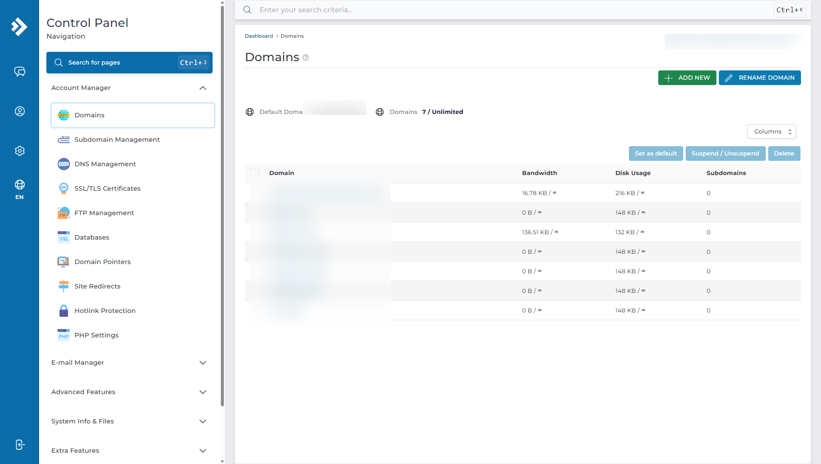 DirectAdmin Domains Overview - Select Target Domain