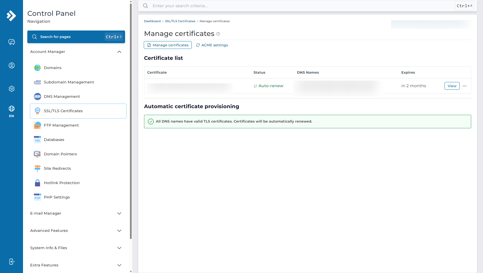 DirectAdmin SSL TLS Certificates - Manage Certificates and Automatic Provisioning