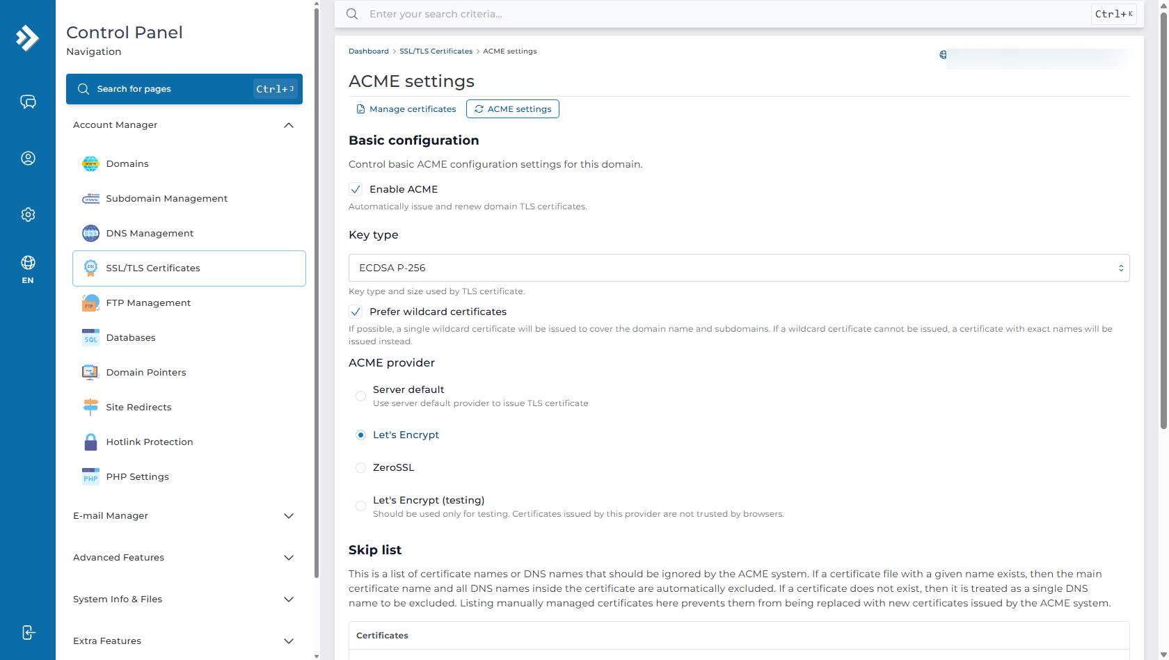 DirectAdmin ACME Settings - Enable Free Lets Encrypt Automatic SSL