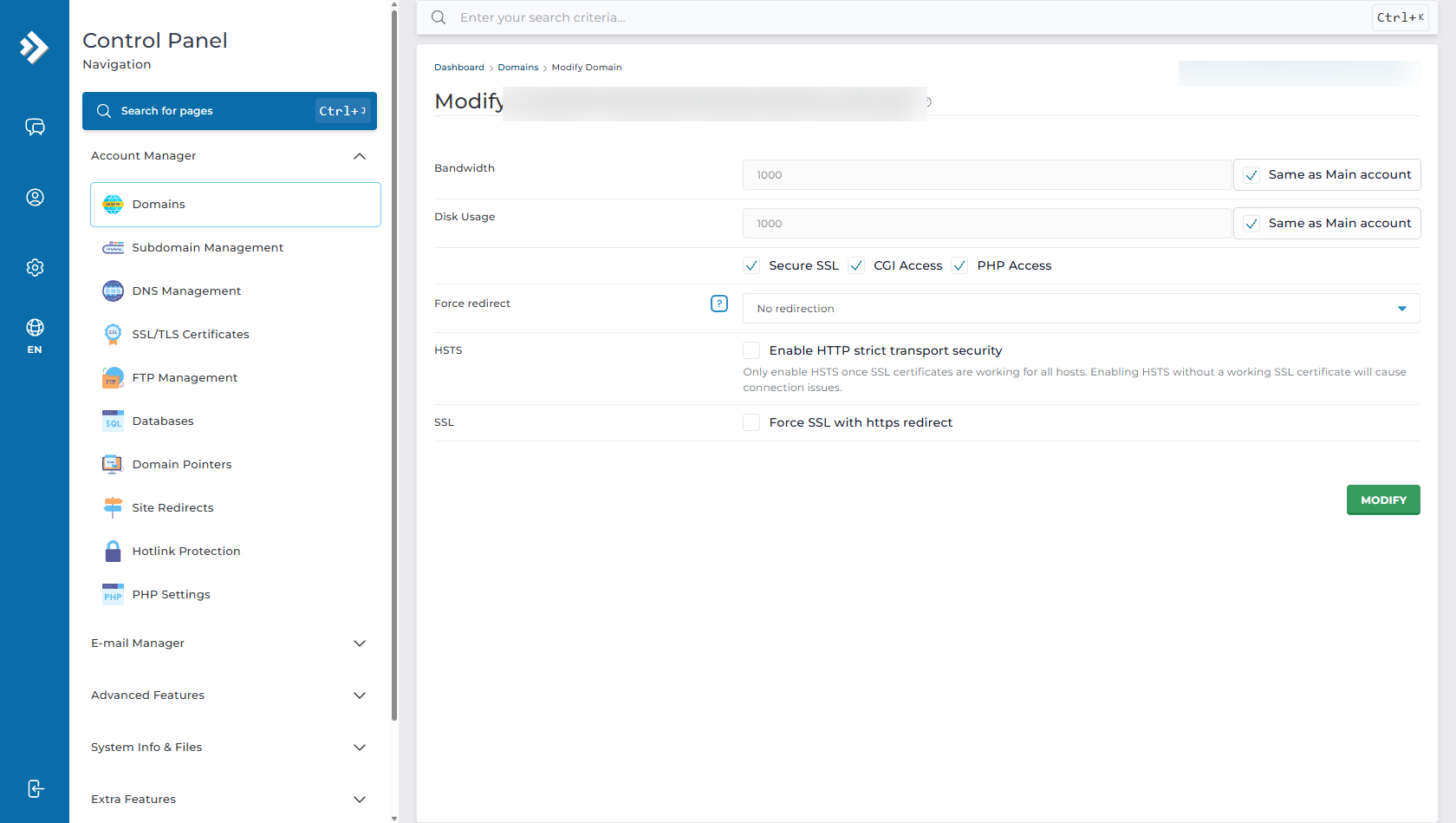DirectAdmin Modify Domain - Force SSL with HTTPS Redirect