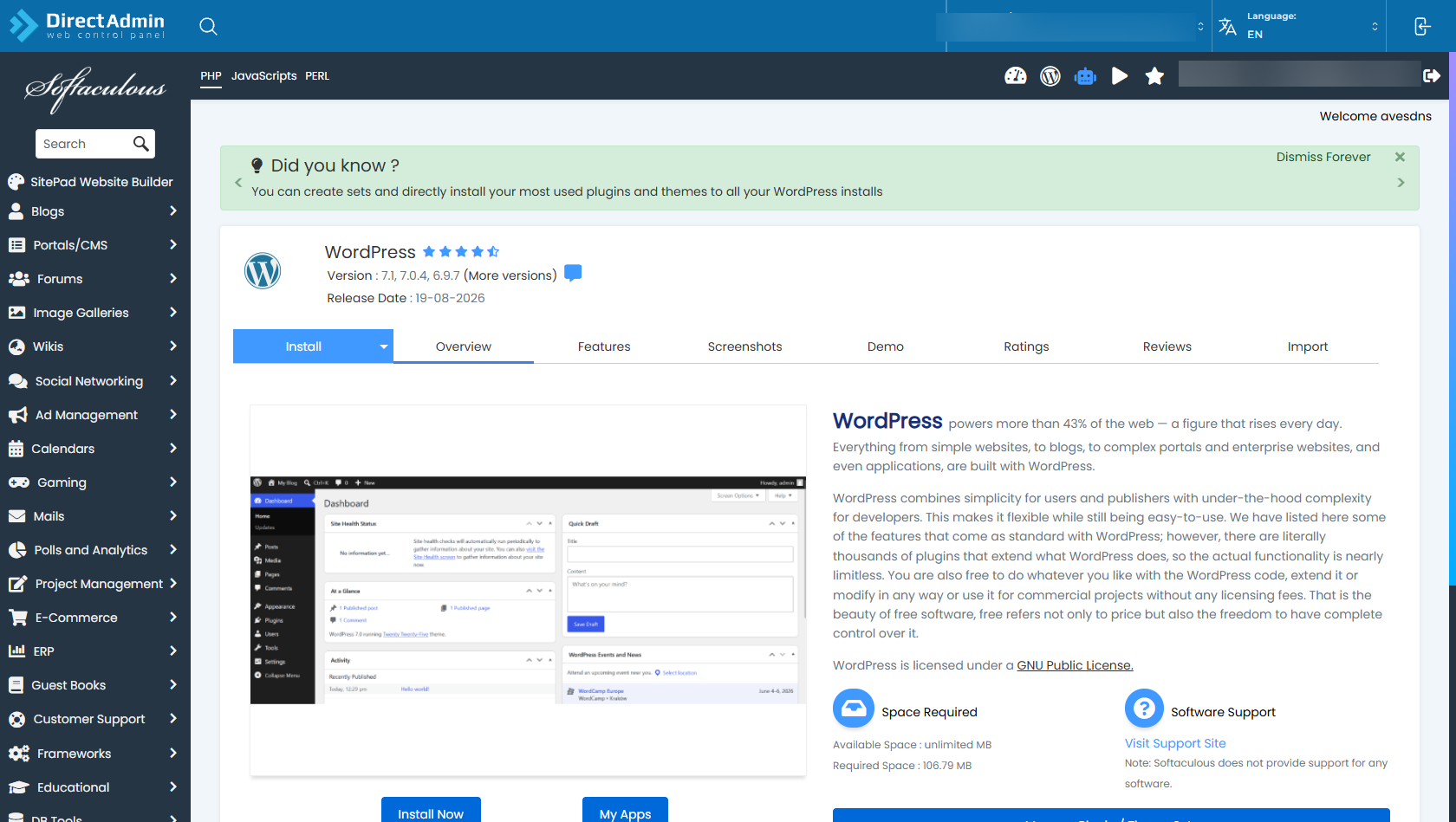 Softaculous WordPress Overview - Install Now Button