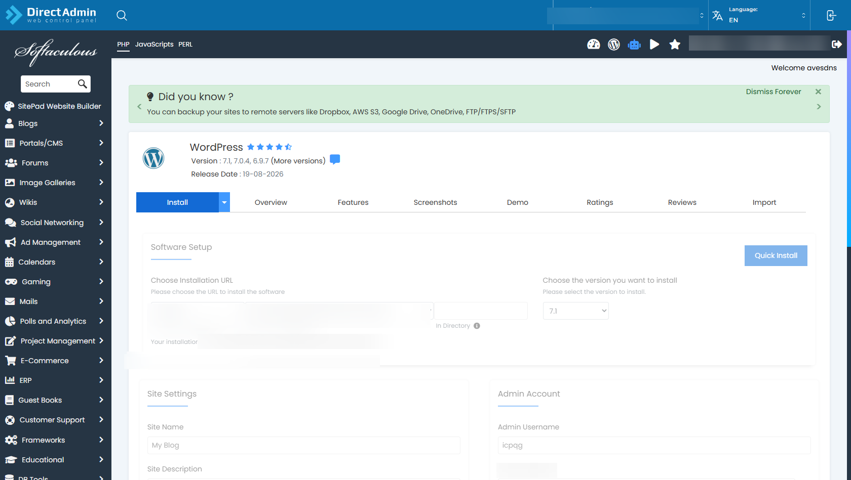 Softaculous WordPress Installation Form - Software Setup, Site Settings, and Admin Account