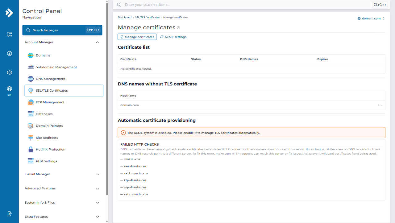 DirectAdmin SSL TLS Certificate Management