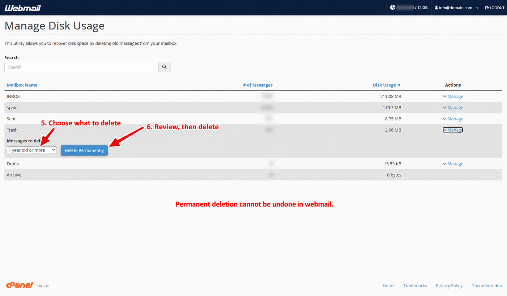 Trash cleanup panel showing the one-year deletion filter and Delete Permanently button