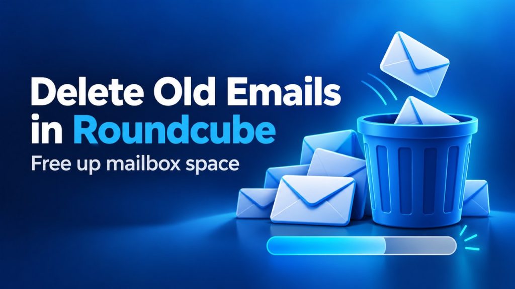 Delete old emails in Roundcube and free up mailbox space, illustrated with envelopes and a blue trash bin.