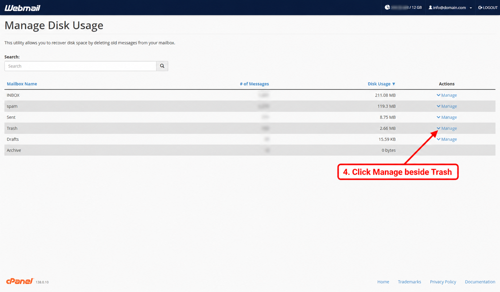Manage Disk Usage showing the Trash folder and its Manage action with message counts blurred