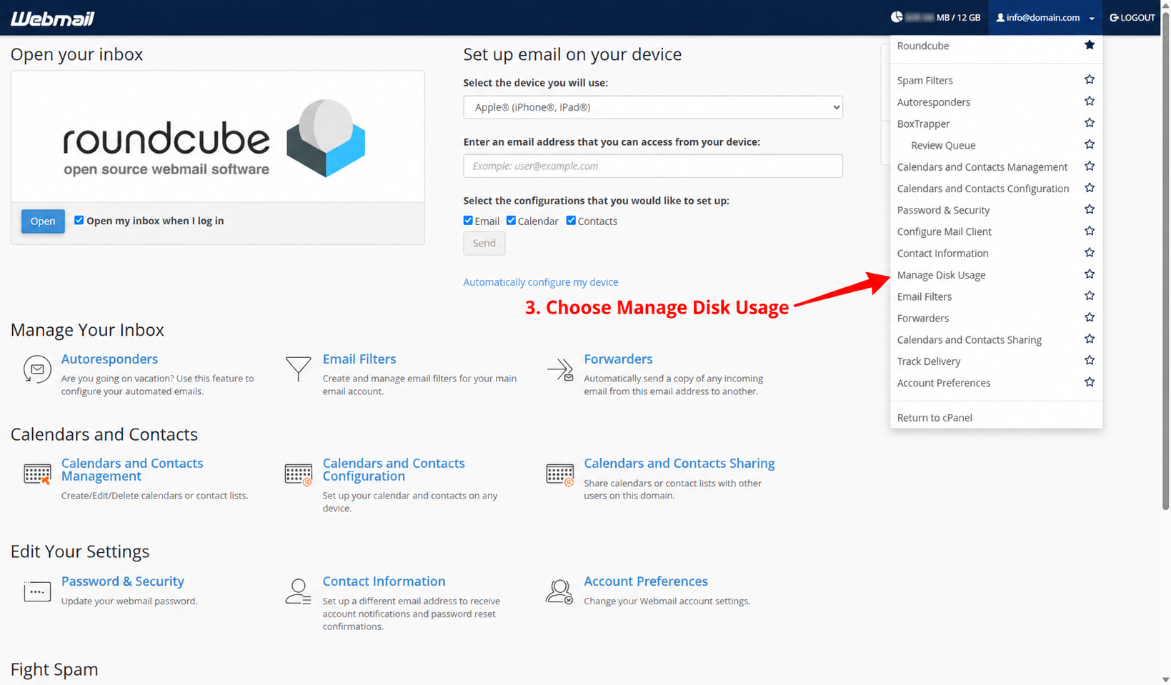 Expanded Webmail account menu with an arrow pointing to Manage Disk Usage