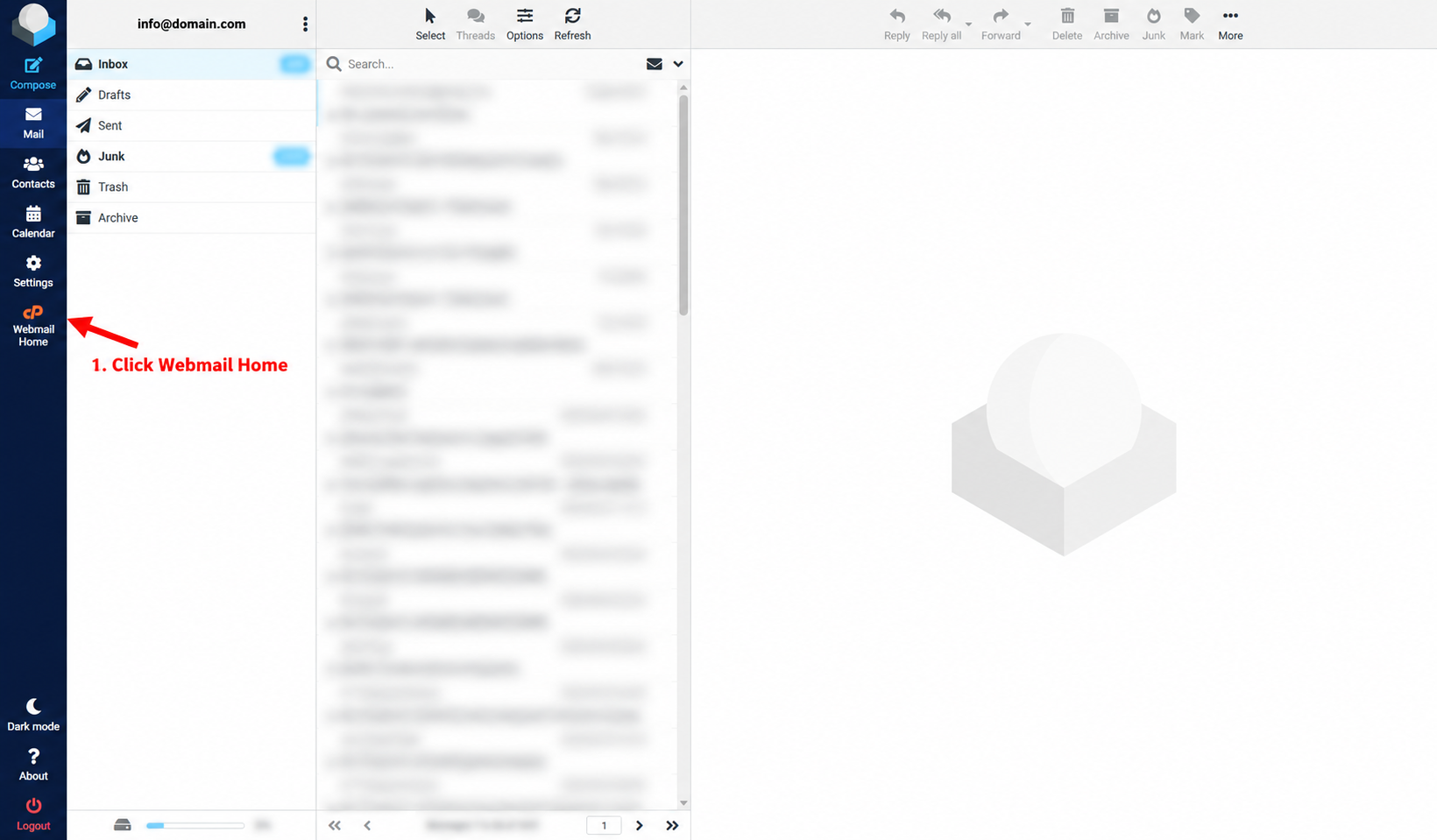 Roundcube inbox with private messages blurred and an arrow pointing to Webmail Home
