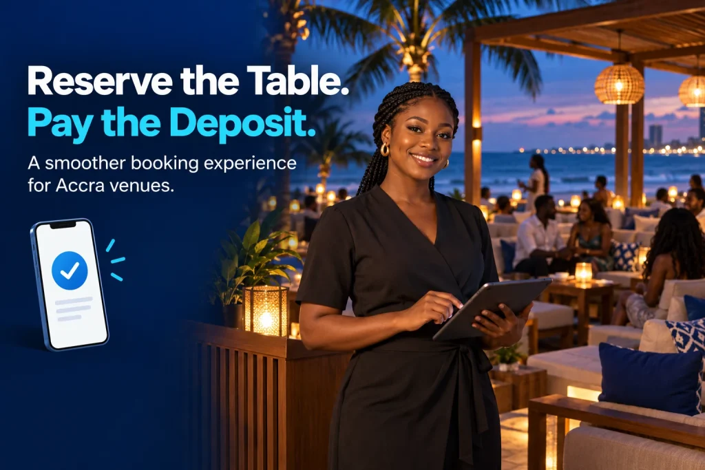 Accra lounge reservations manager using a tablet for a nightclub reservation website in Ghana with MoMo table deposits