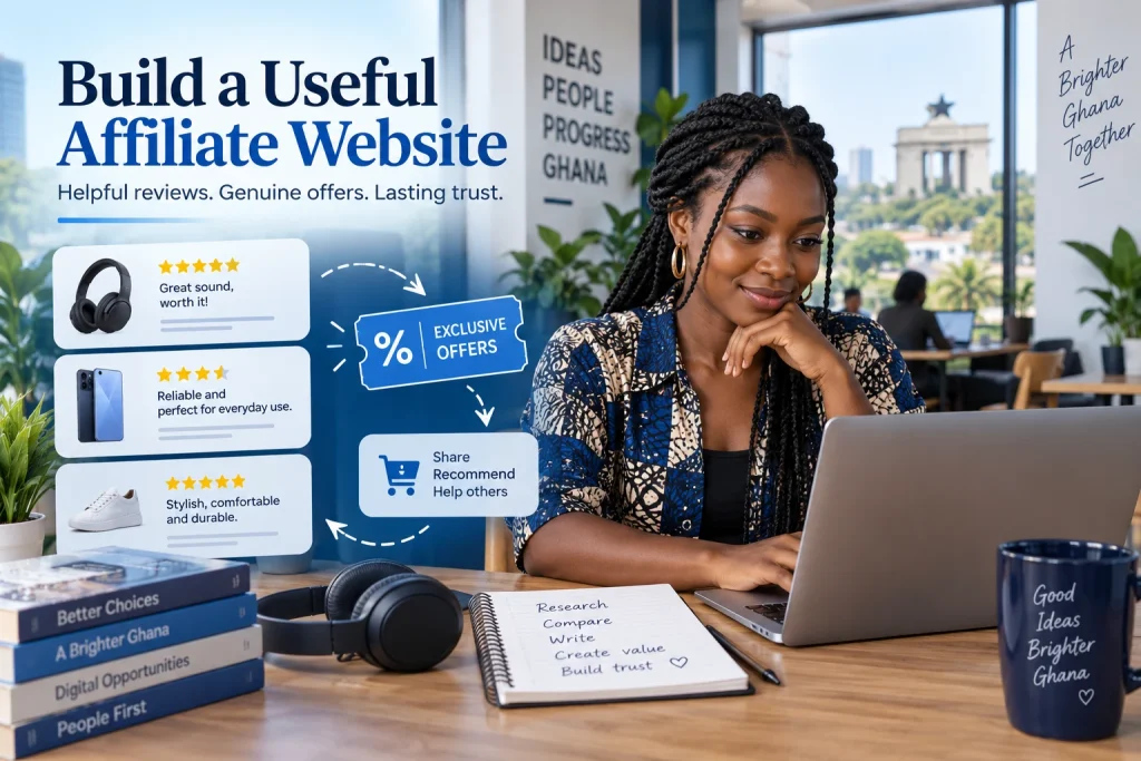 Ghanaian entrepreneur researching products for a helpful affiliate review and coupon website