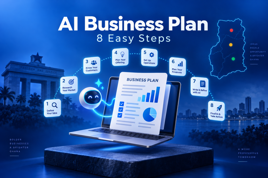 AI business plan in Ghana illustrated with a laptop, planning document, and eight steps on a blue background