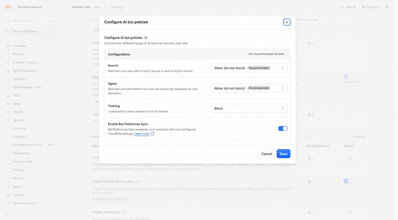 Cloudflare AI category policies allowing Search and Agent while blocking Training