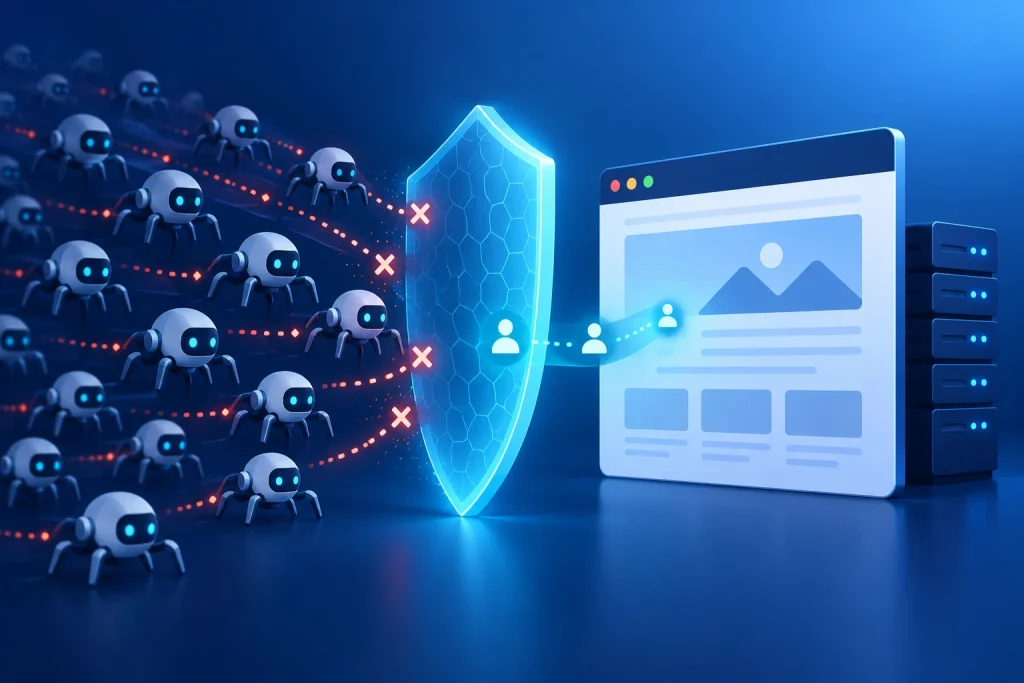 Security shield blocks AI scraper bots while real visitors reach a small website