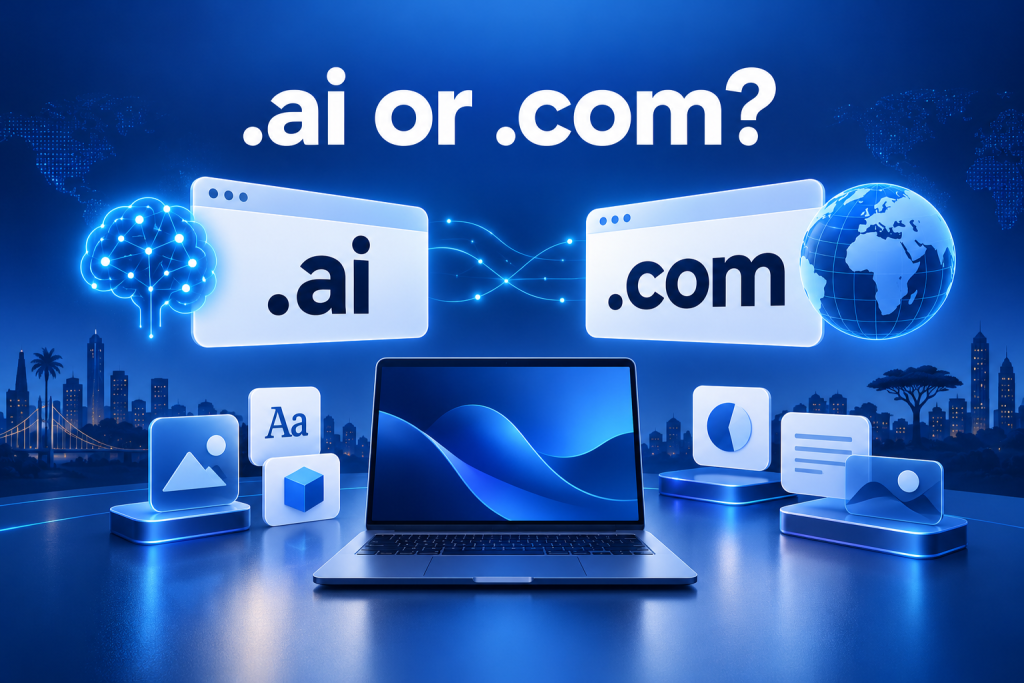 .ai vs .com domain comparison with AI and globe symbols on a blue background