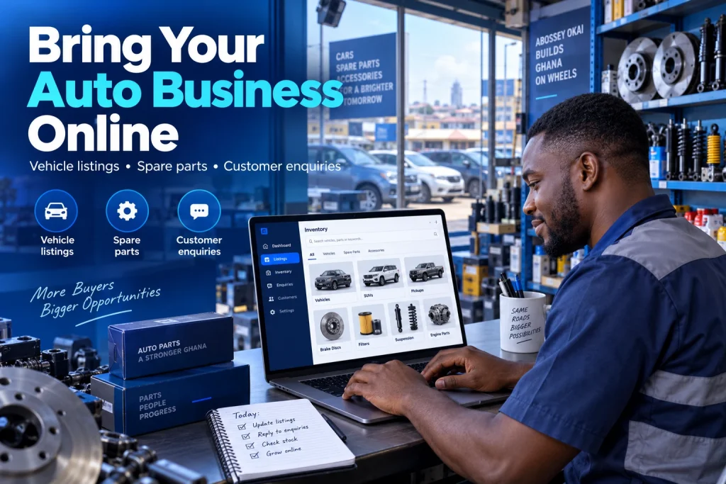 Car dealership website in Ghana with searchable vehicle listings and a spare-parts catalogue