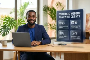 Ghanaian freelancer sitting at a studio desk with a laptop beside a showcase board highlighting the four pillars of a portfolio website that wins clients.