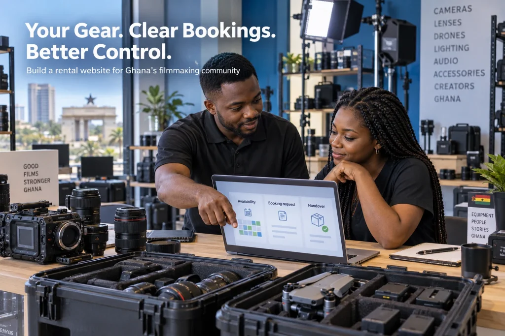 Camera gear rental website in Ghana with filmmakers reviewing bookings at an Accra equipment rental counter