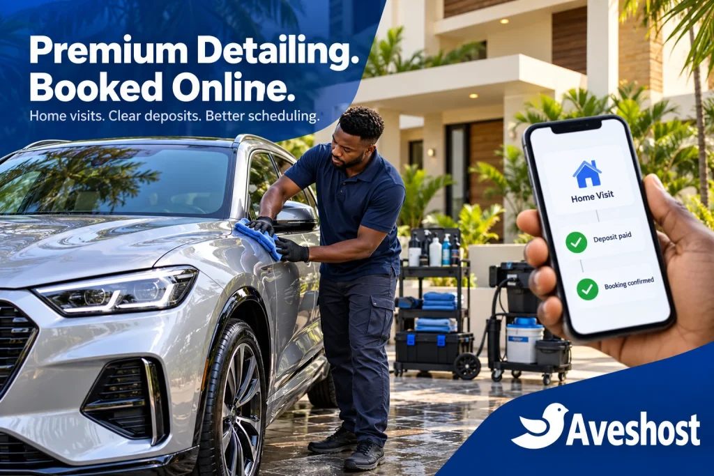 Car detailing booking website in Ghana with home visits and verified deposit confirmation