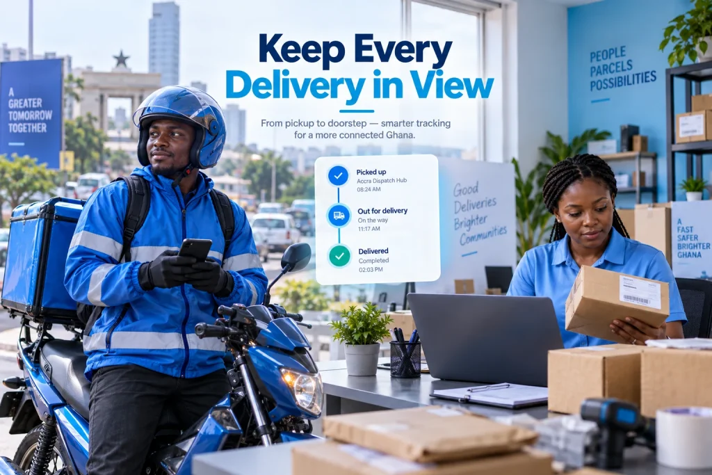 Courier tracking website in Ghana with a dispatch rider, parcel status updates and a dispatcher