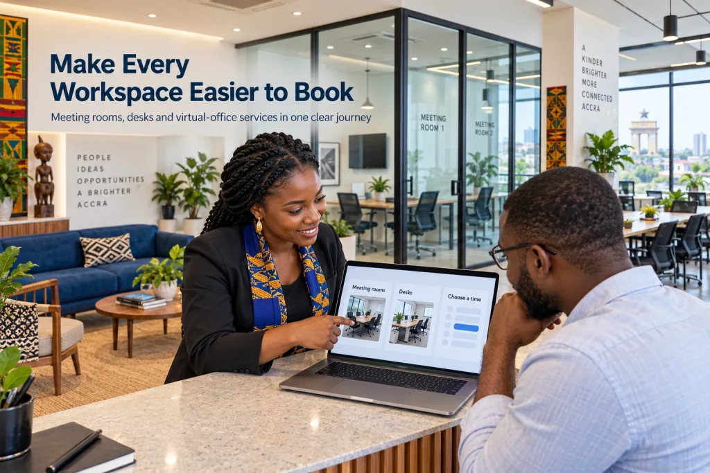 Coworking space website in Ghana with an Accra hub manager and customer reviewing room and desk booking options