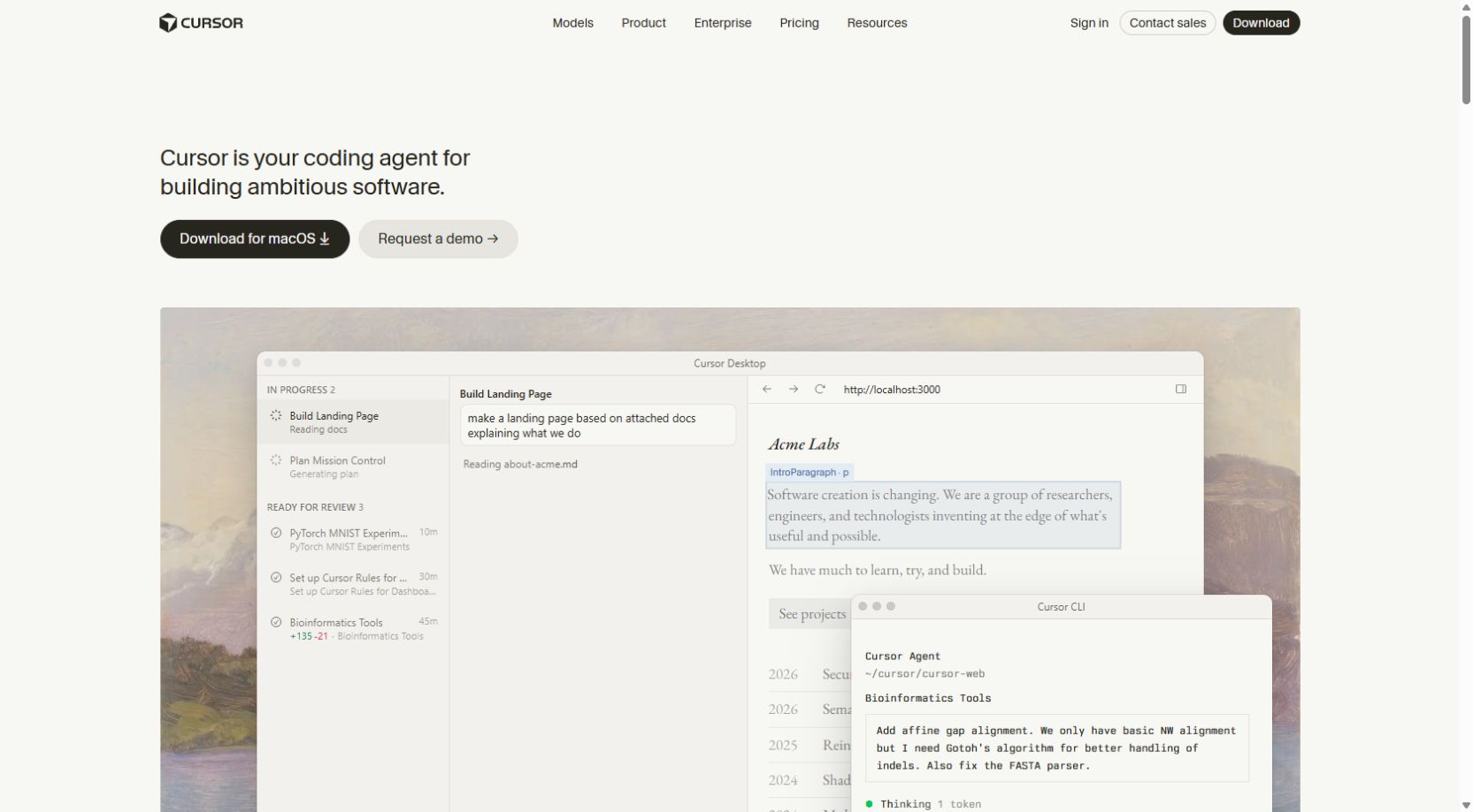 Cursor official website showing its AI coding editor demonstration