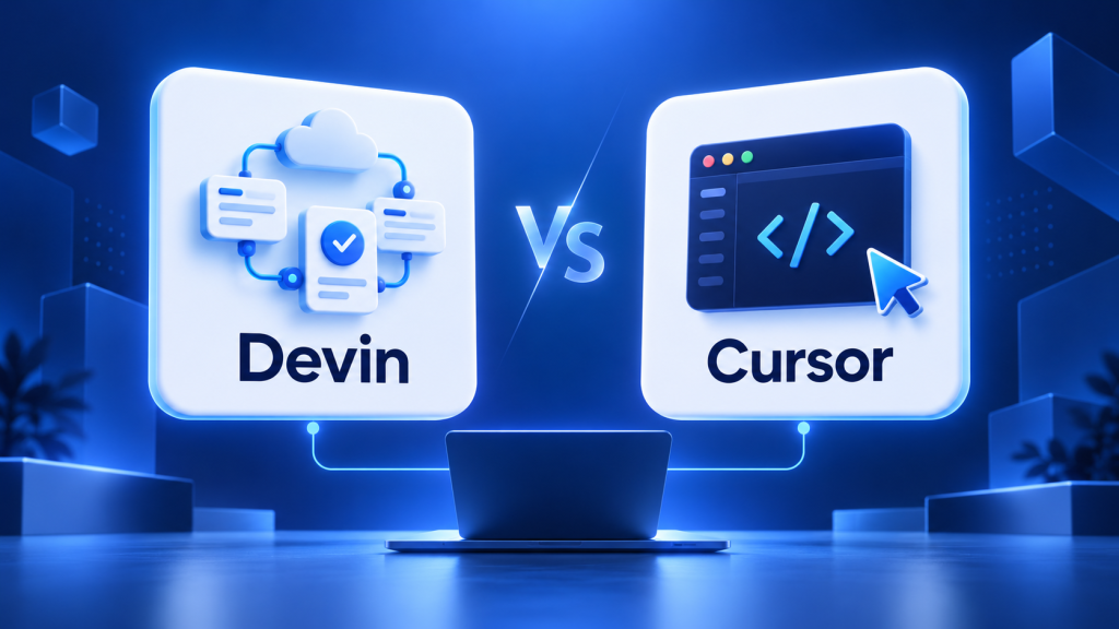 Devin vs Cursor AI coding tools compared on a blue background