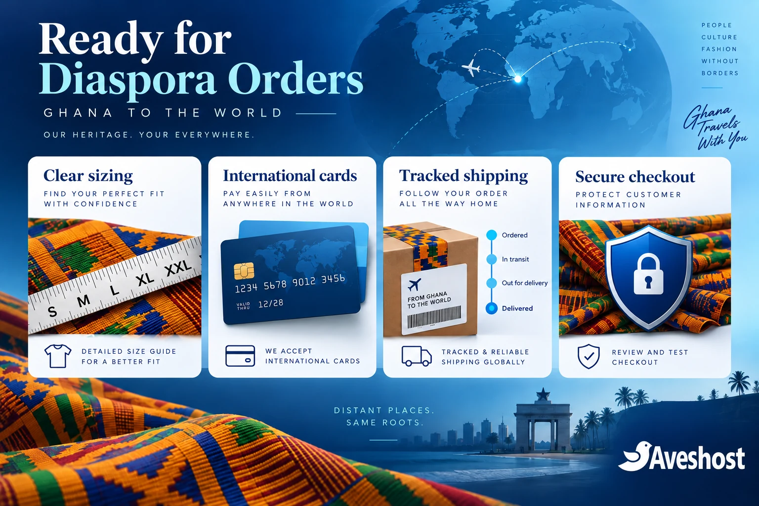 Sell to diaspora from Ghana with clear sizing, international cards, tracked shipping and secure checkout