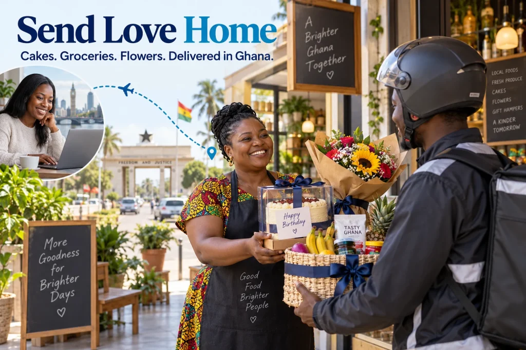 Ghanaian retailer handing a cake, flowers and grocery gift basket to a rider for a diaspora customer