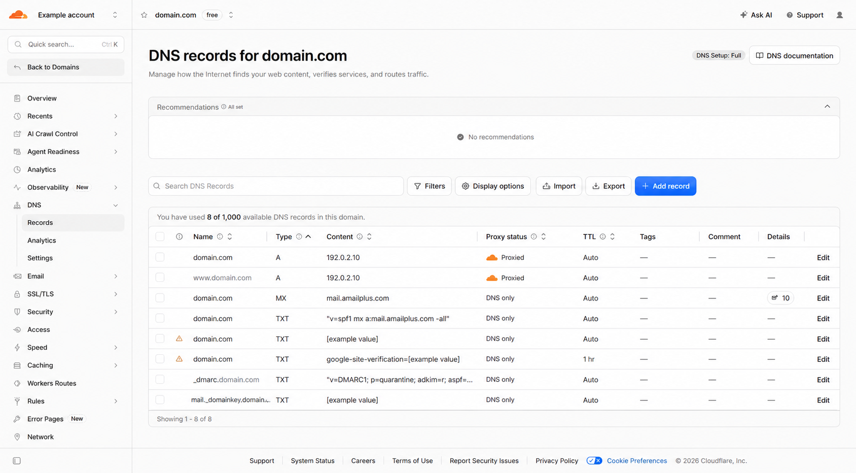 Cloudflare DNS records with orange cloud Proxied status for domain.com and www.domain.com